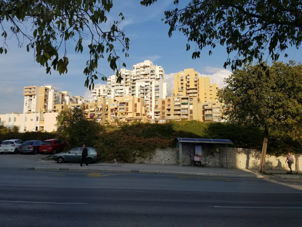 Walking toward the business district